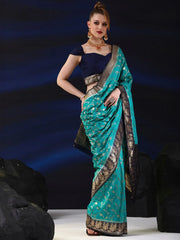 Women's Blend Teal Blue Woven Design Designer Saree With Blouse Piece-SGITRIUS03I