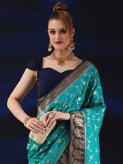 Women's Blend Teal Blue Woven Design Designer Saree With Blouse Piece-SGITRIUS03I