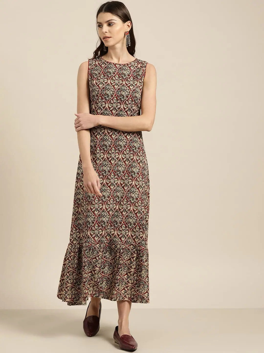 Brown Tiered Midi Dress | Sleeveless Indian Cotton Dresses