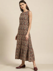 Brown Tiered Hem Sleeveless Midi Dress