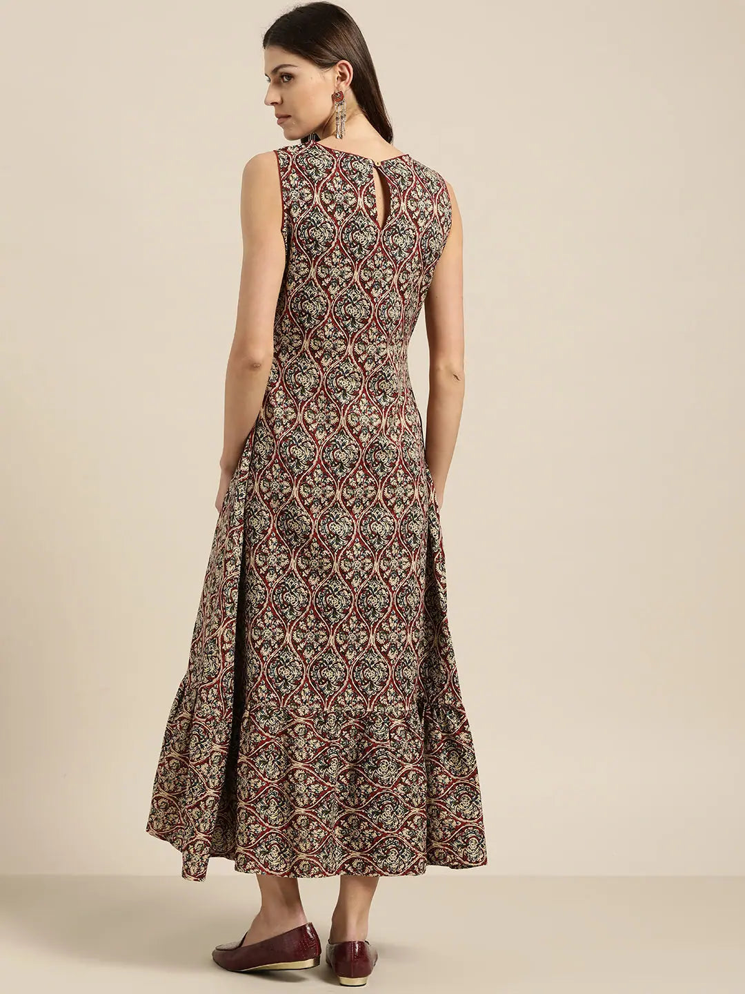 Brown Tiered Midi Dress | Sleeveless Indian Cotton Dresses
