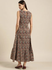 Brown Tiered Hem Sleeveless Midi Dress