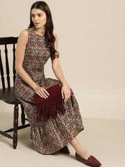 Brown Tiered Hem Sleeveless Midi Dress