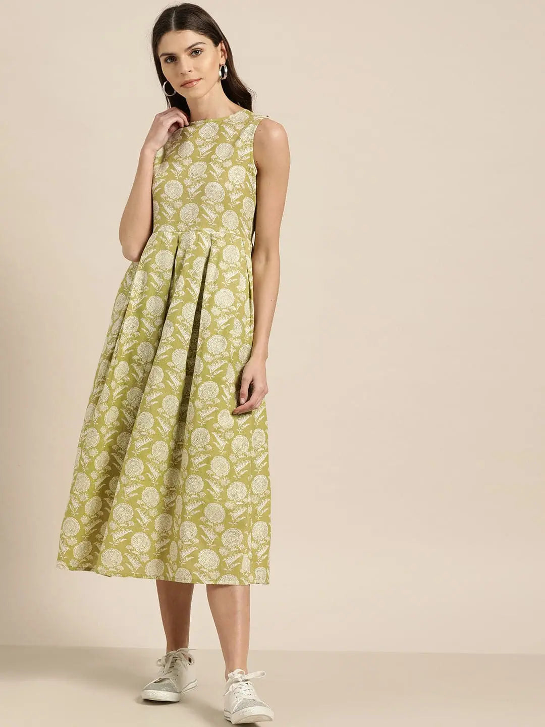 Pista Green Cotton Midi Dress | Indian Cotton Dresses Online