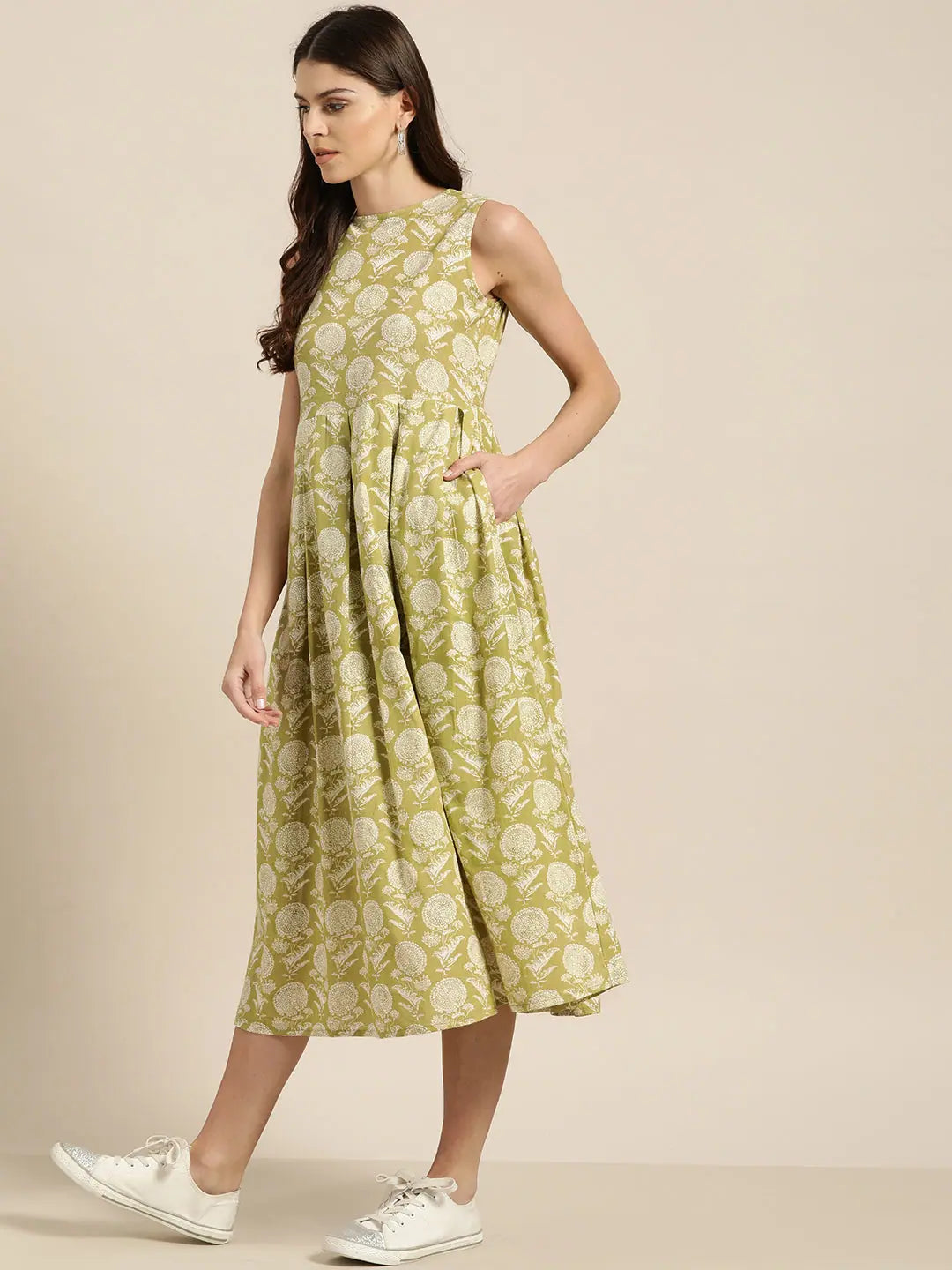 Pista Green Cotton Midi Dress | Indian Cotton Dresses Online