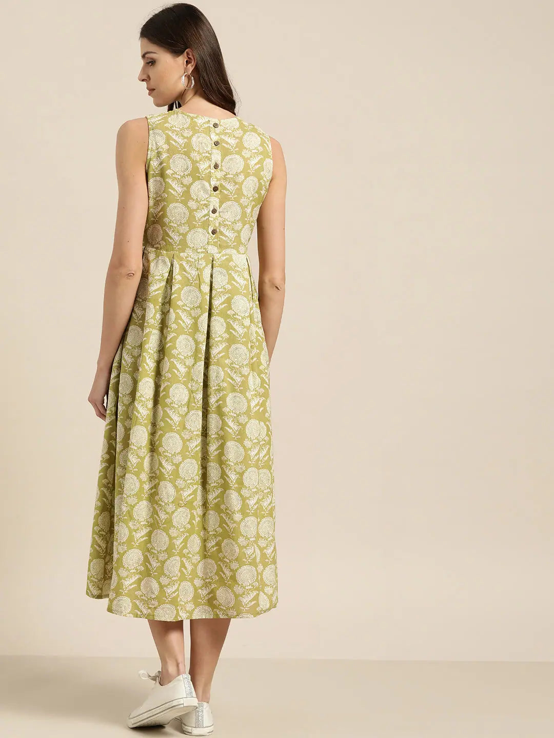 Pista Green Cotton Midi Dress | Indian Cotton Dresses Online
