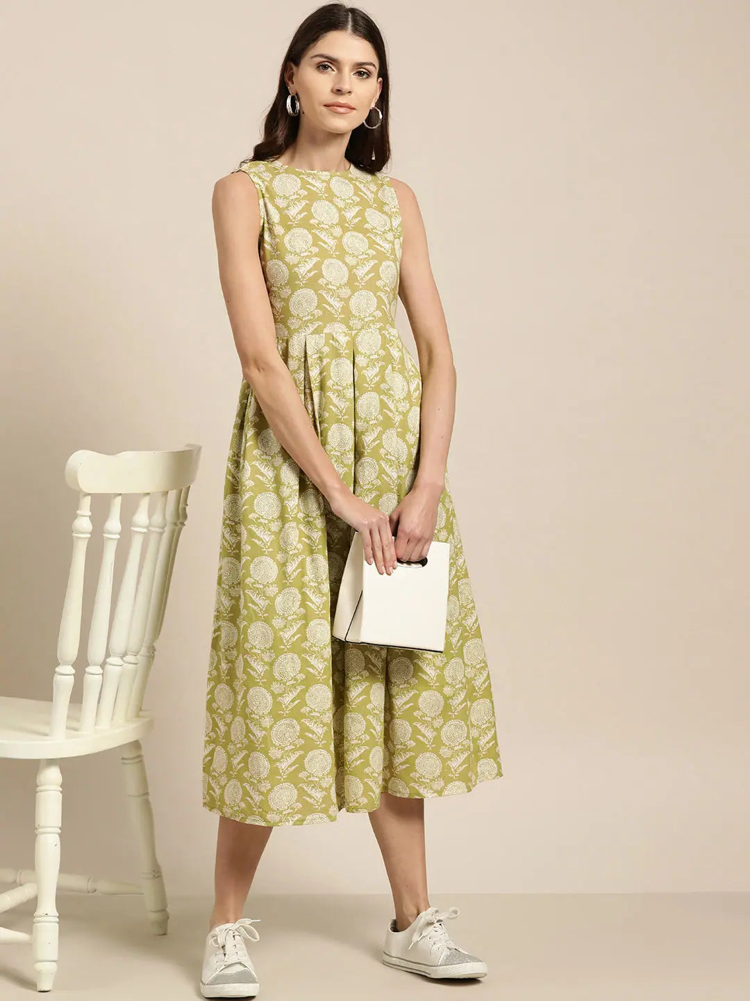 Pista Green Cotton Midi Dress | Indian Cotton Dresses Online