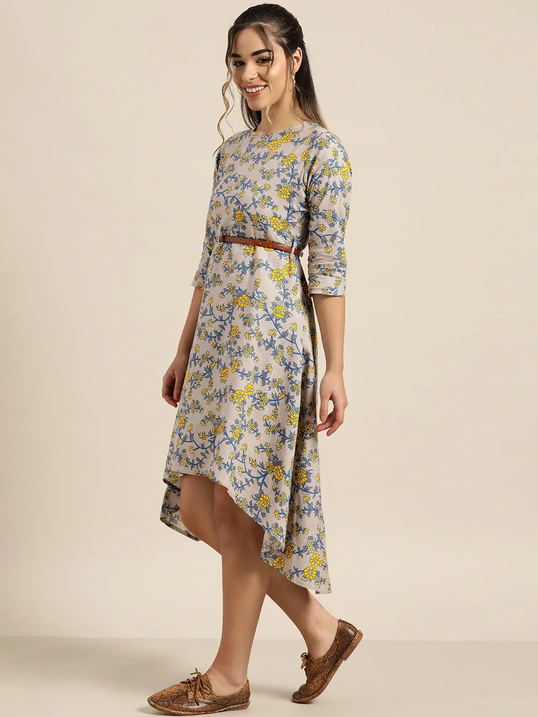 Grey Floral High Low Dress with Belt | Indian Dresses