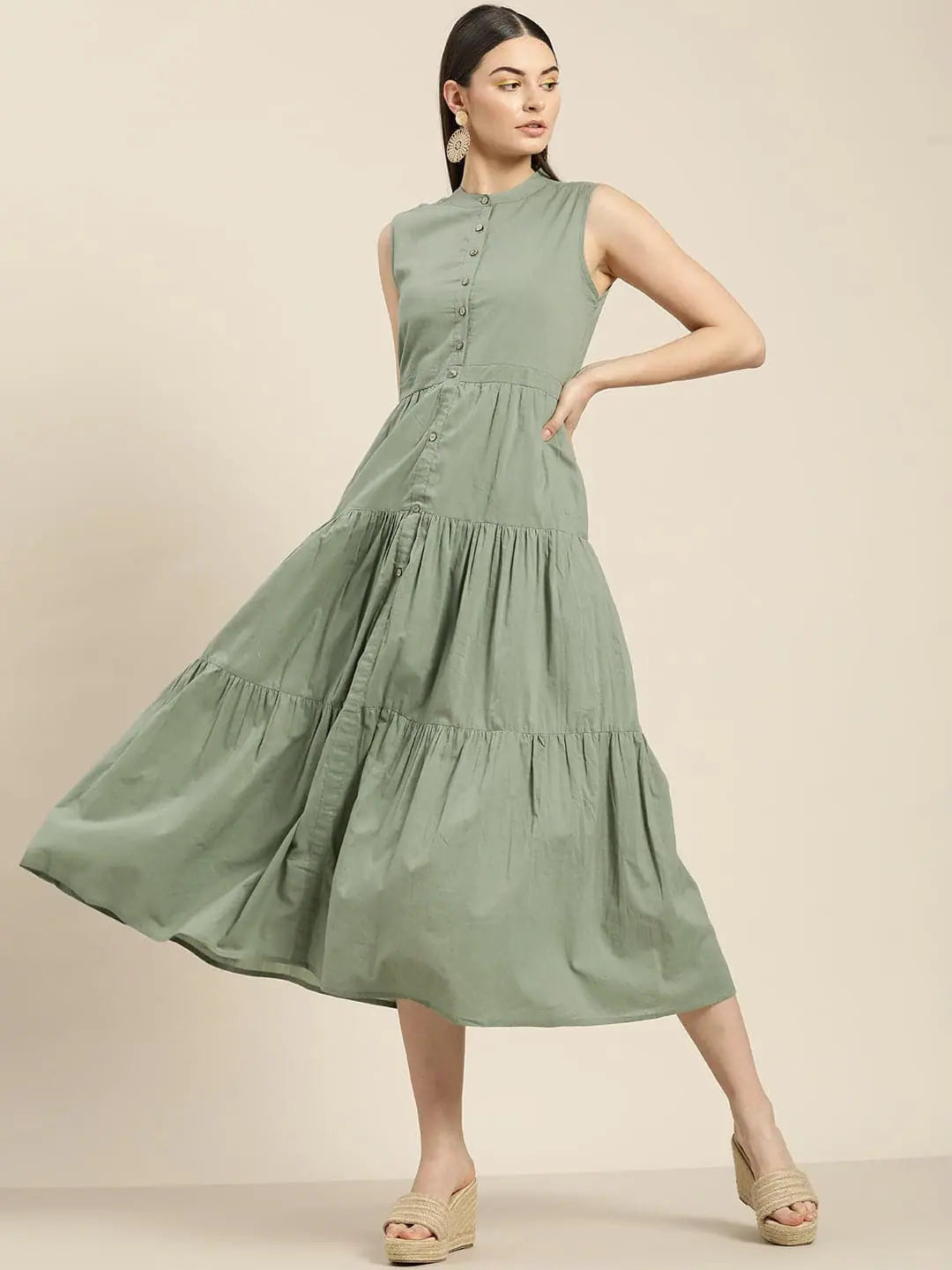 Olive Sleeveless Tiered Dress | Indian Cotton Dresses