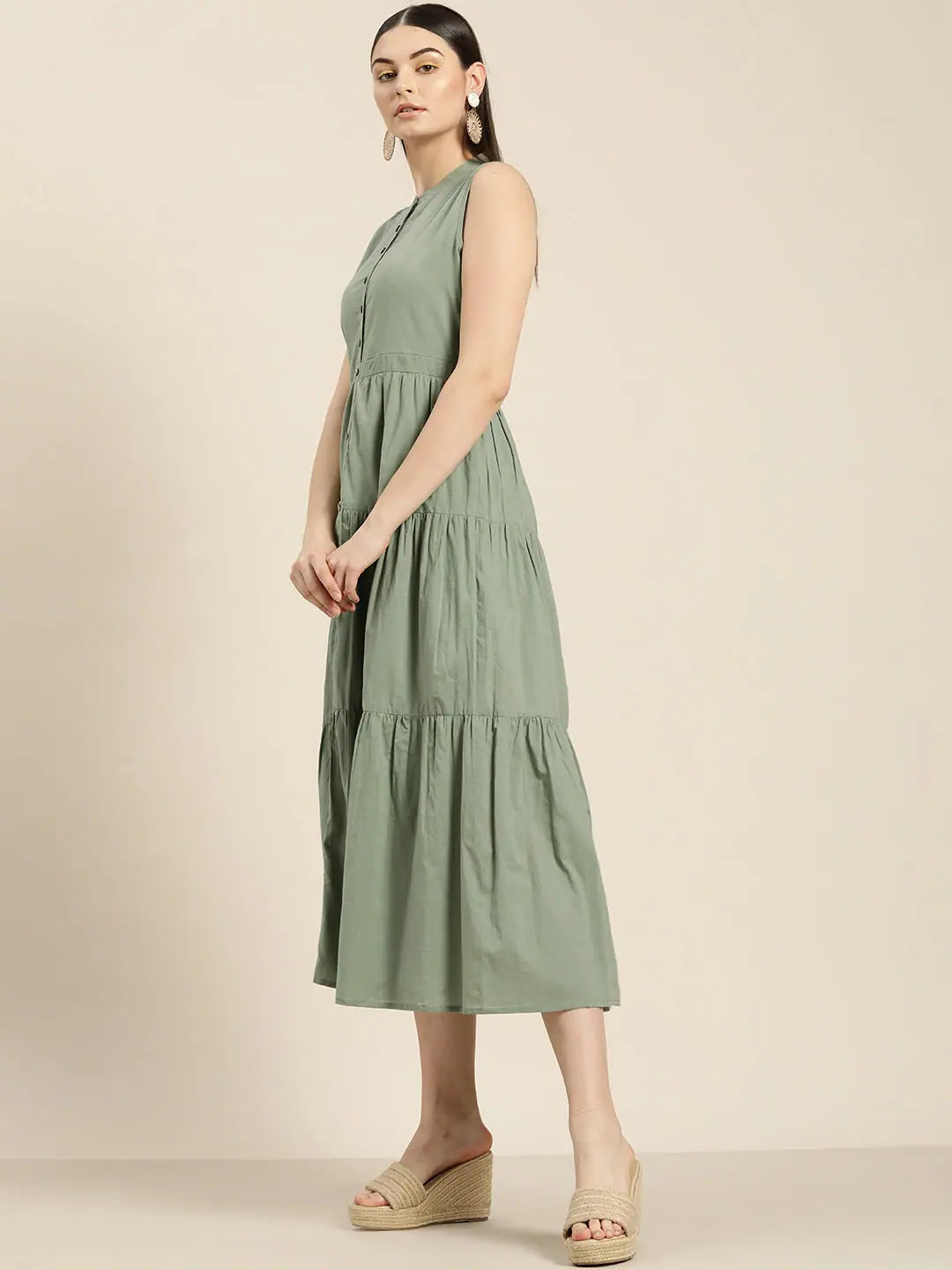 Olive Sleeveless Tiered Dress | Indian Cotton Dresses
