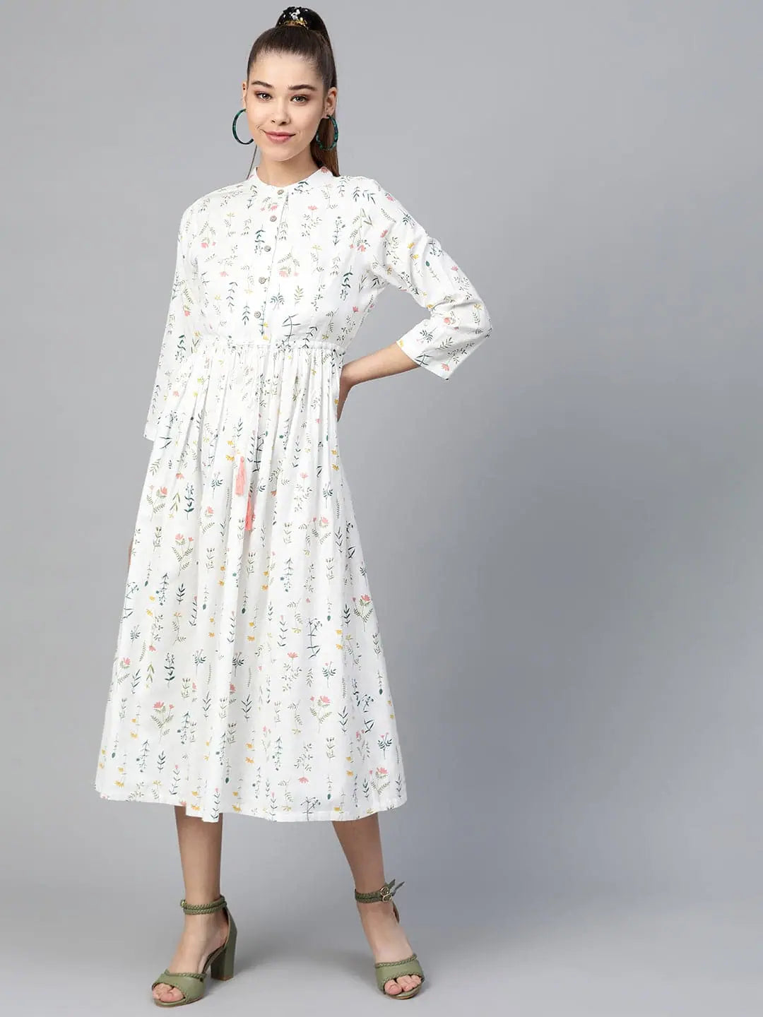 White Floral Drawstring Dress | Indian Cotton Dresses Online