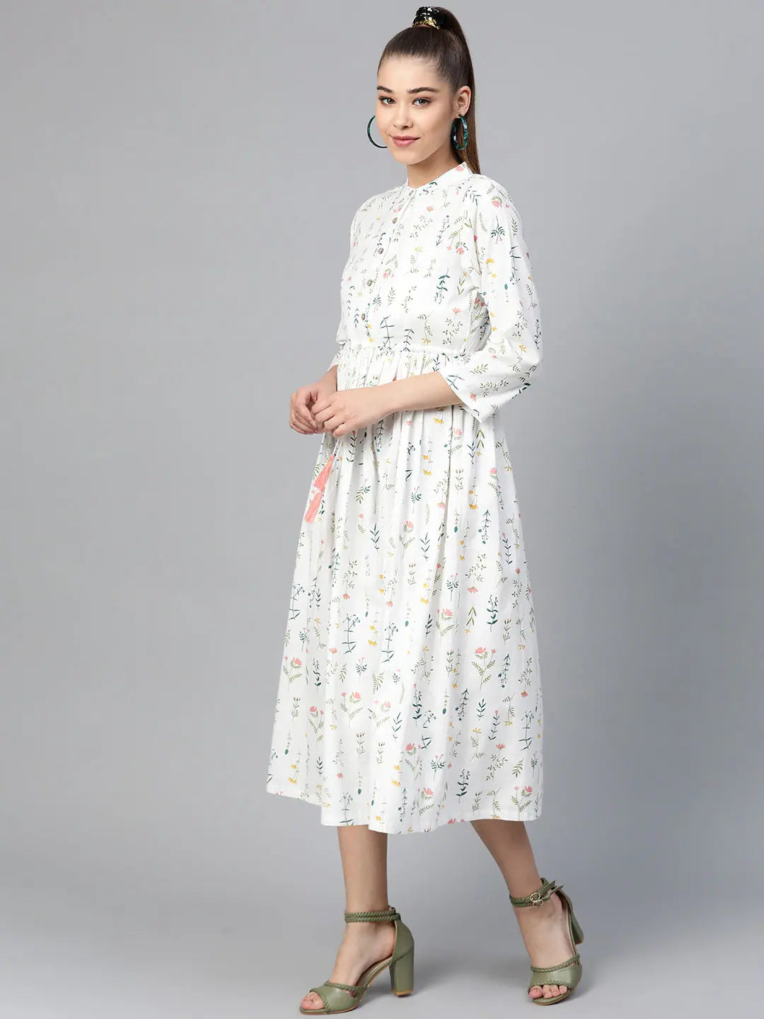 White Floral Drawstring Dress | Indian Cotton Dresses Online