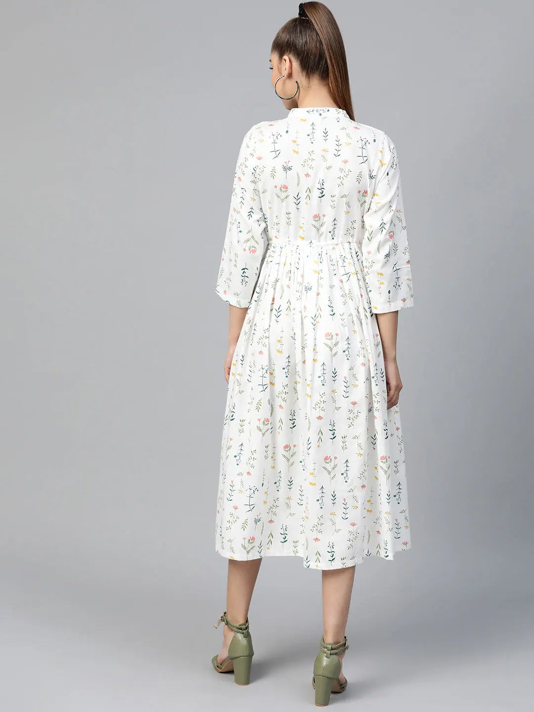 White Floral Drawstring Dress | Indian Cotton Dresses Online
