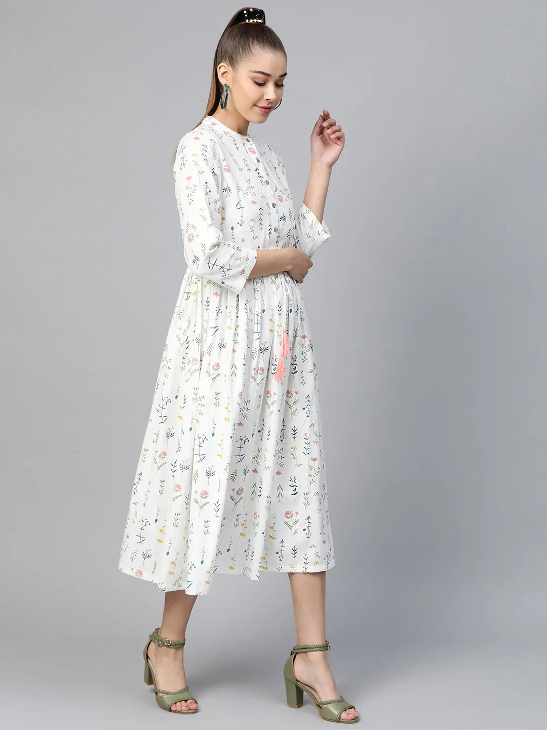 White Floral Drawstring Dress | Indian Cotton Dresses Online
