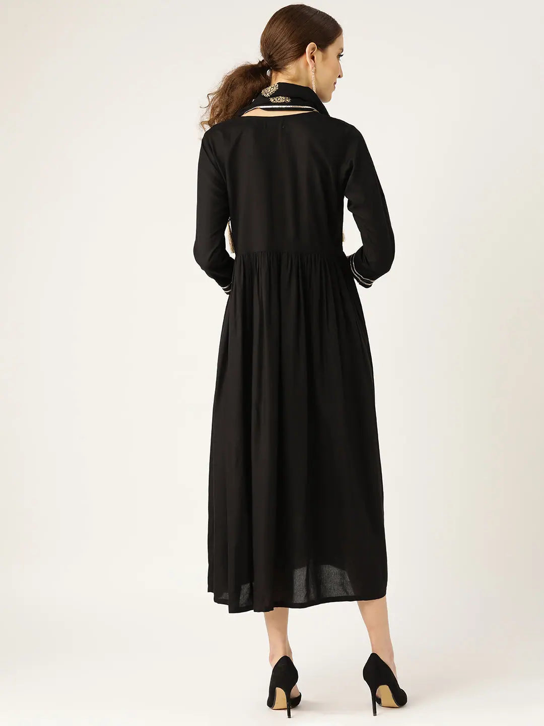 Black Gathered Dress with Foil Print Scarf | Indian Dresses