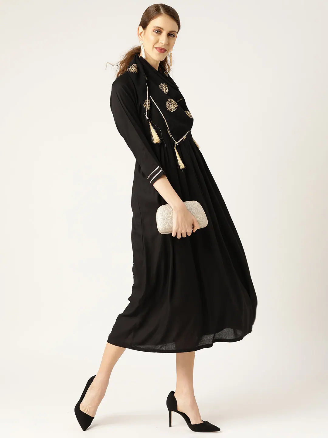 Black Gathered Dress with Foil Print Scarf | Indian Dresses