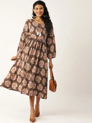 Brown Paisely Bishop Sleeve Midi Dress