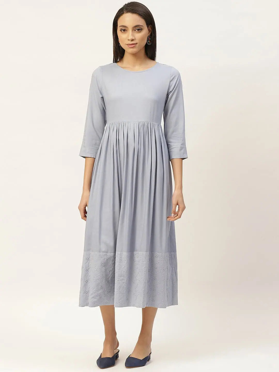 Grey Schiffli Midi Dress | Indian Cotton Dresses Online