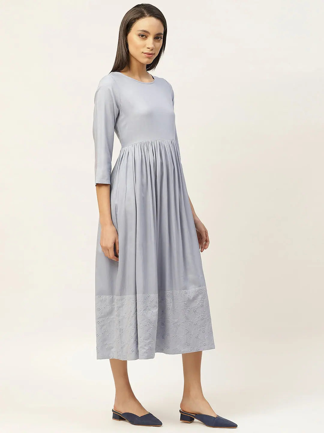 Grey Schiffli Midi Dress | Indian Cotton Dresses Online