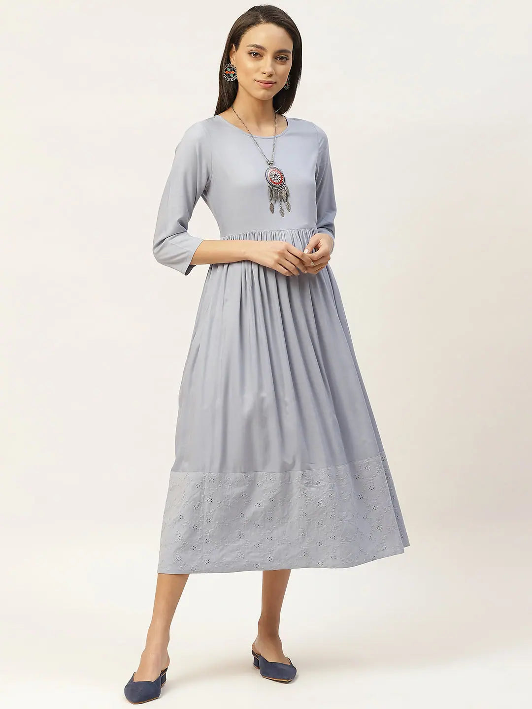 Grey Schiffli Midi Dress | Indian Cotton Dresses Online