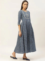 Indigo Floral Zari Embroidery Anarkali Dress