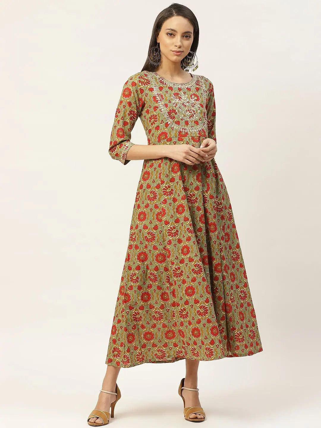 Grey Floral Anarkali Dress | Zari Embroidery Cotton Kurti