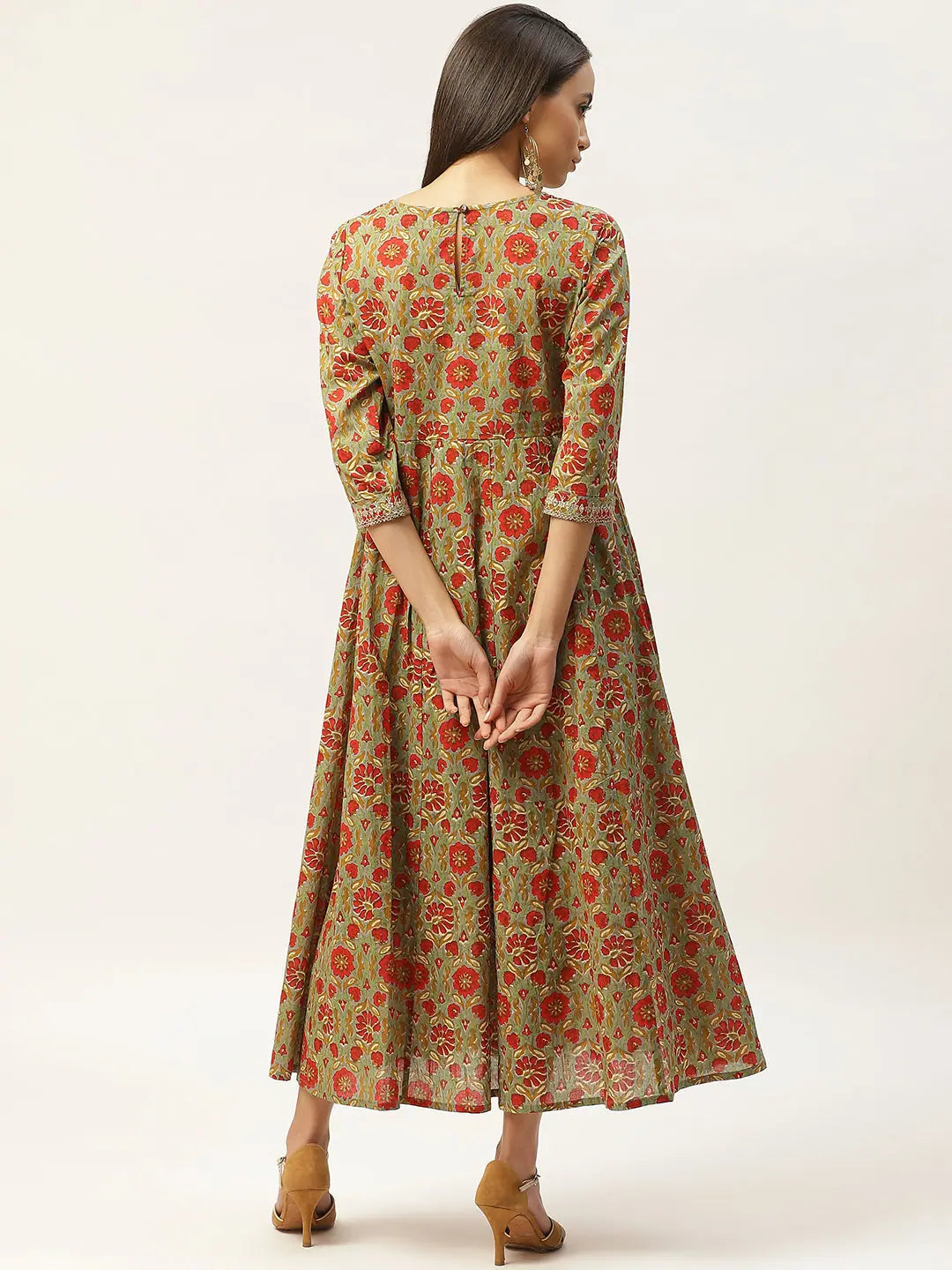 Grey Floral Anarkali Dress | Zari Embroidery Cotton Kurti