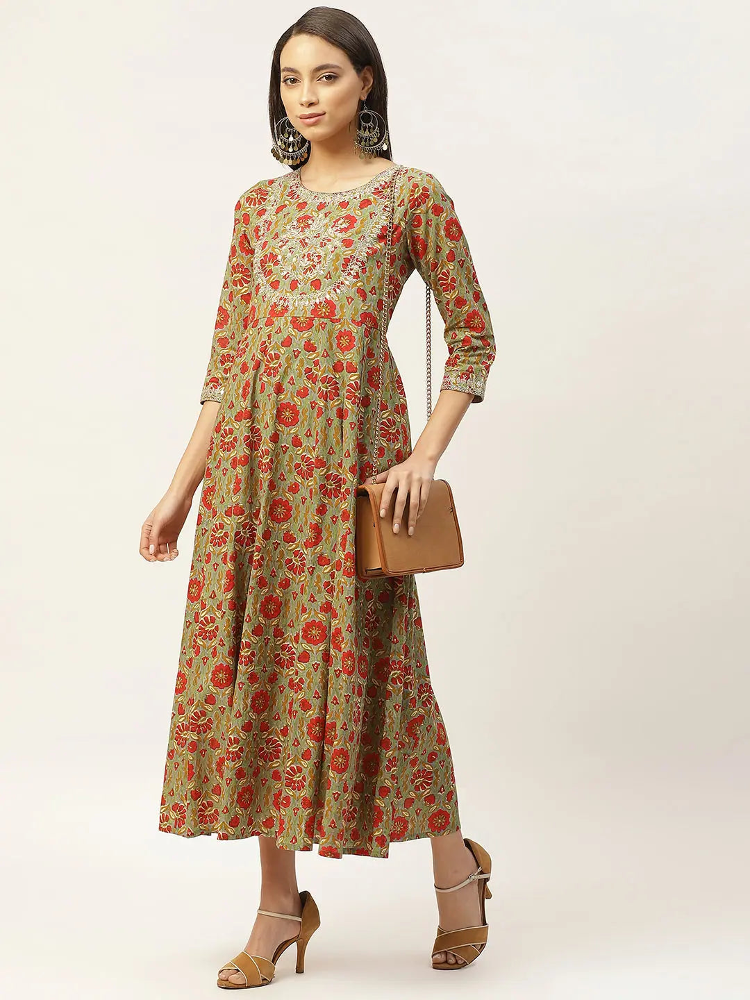 Grey Floral Anarkali Dress | Zari Embroidery Cotton Kurti