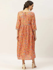 Peach Floral Zari Embroidery Gathered Dress