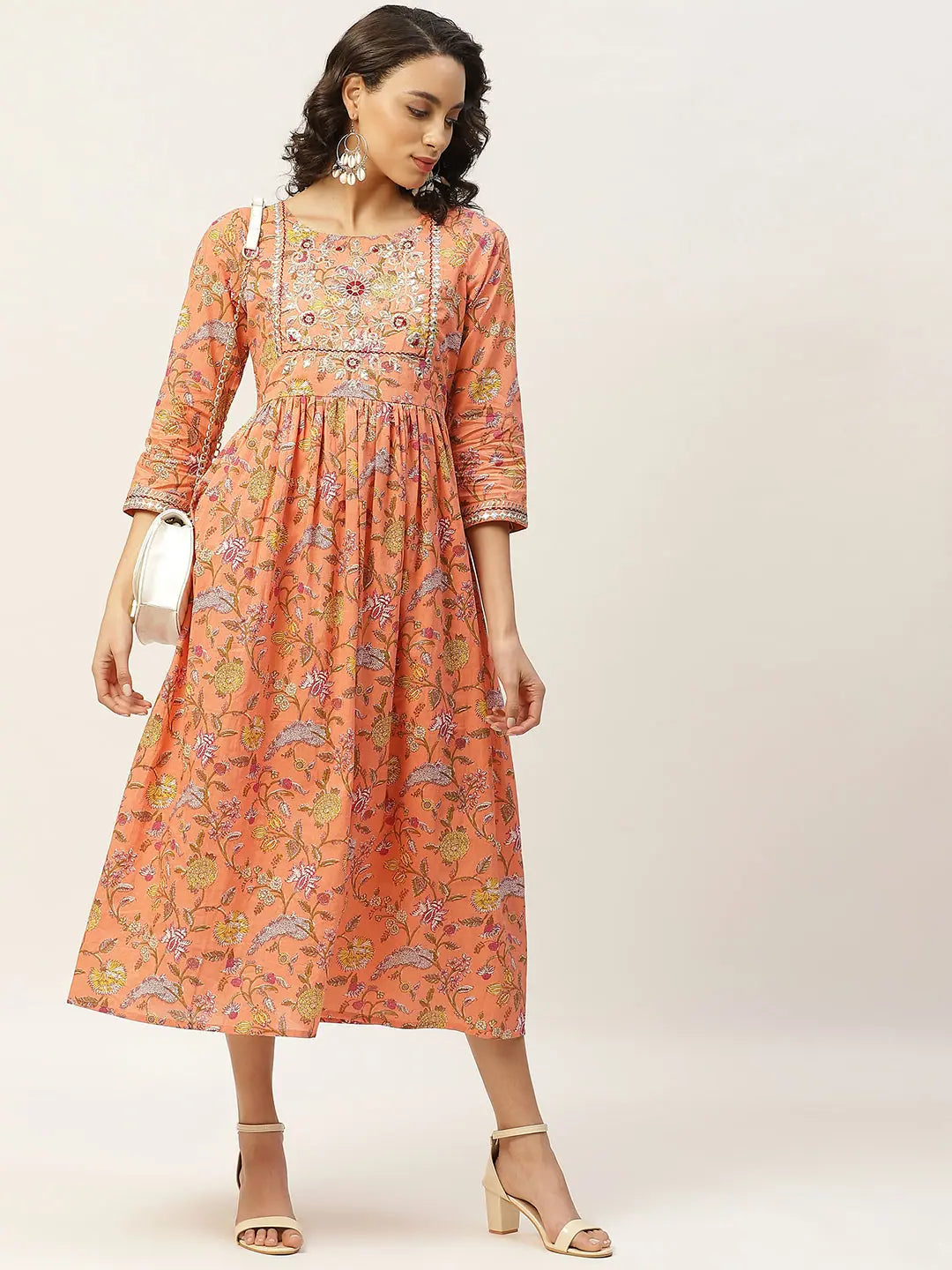 Peach Floral Zari Dress | Indian Dresses Online