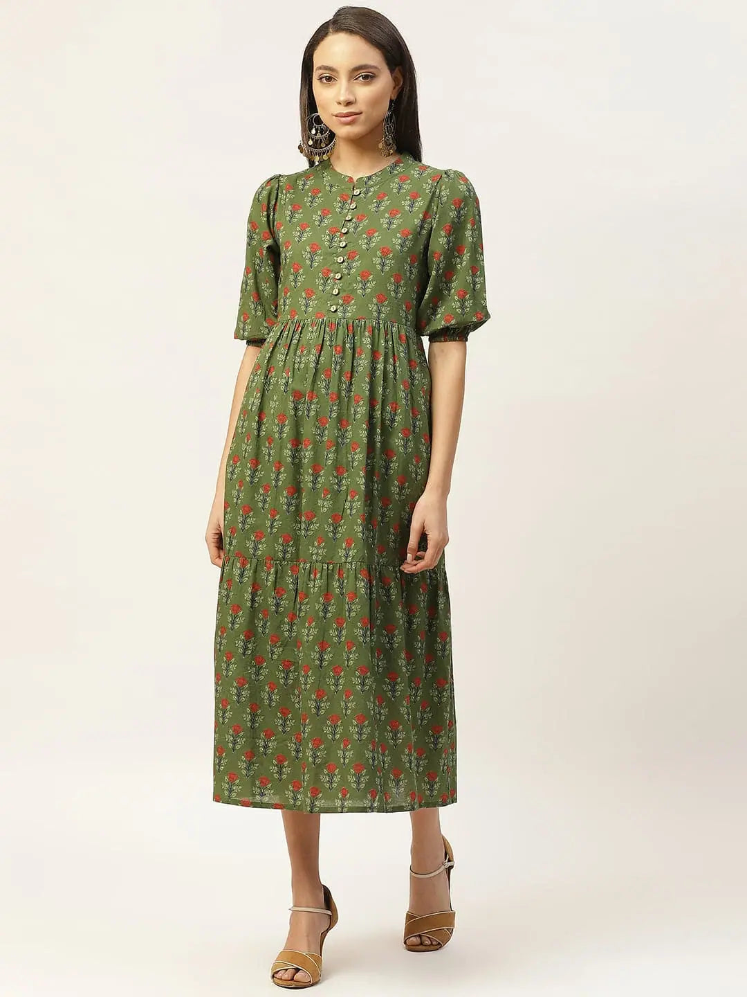 Green Floral Tiered Dress | Indian Dresses Online