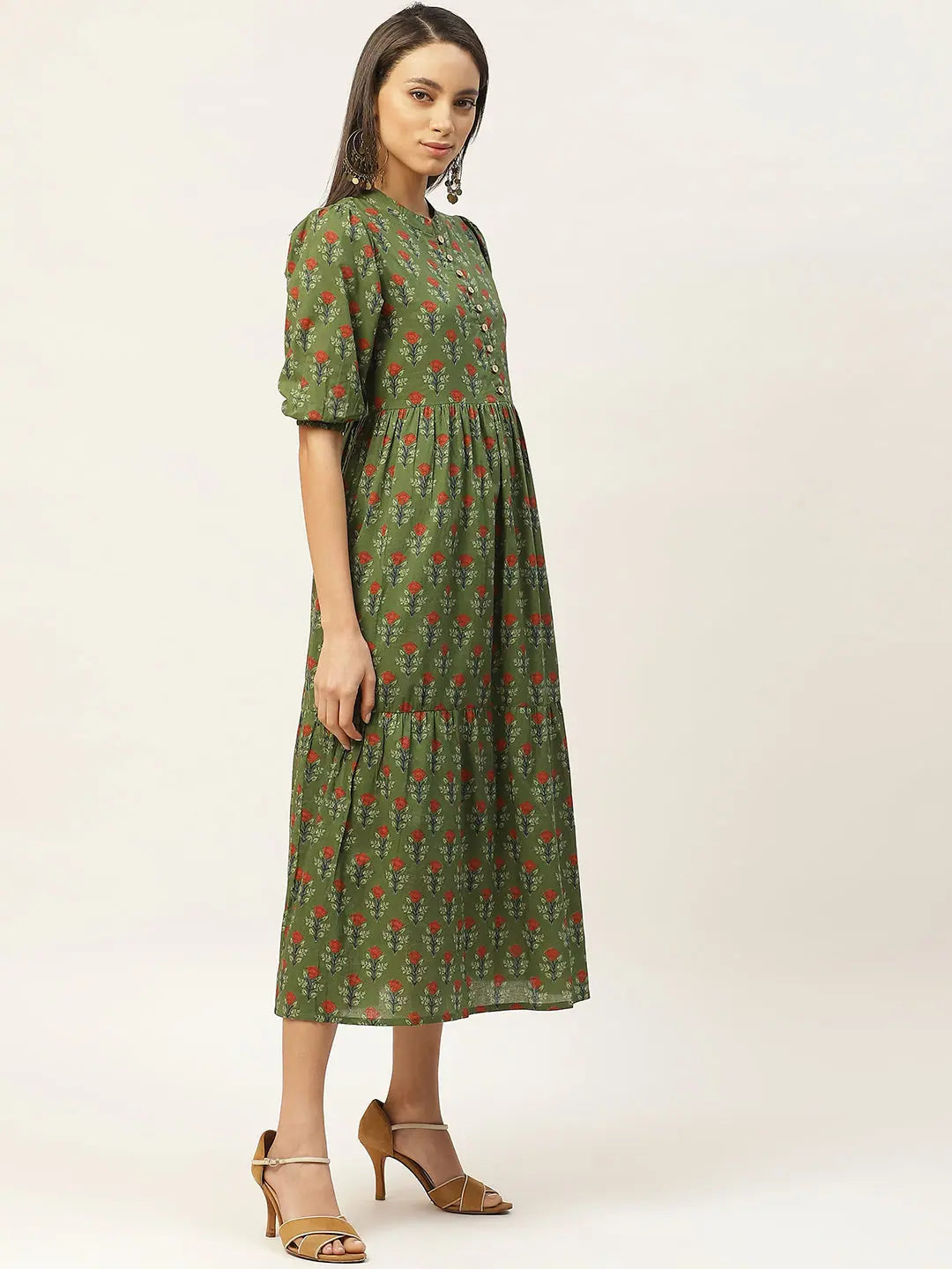 Green Floral Tiered Dress | Indian Dresses Online