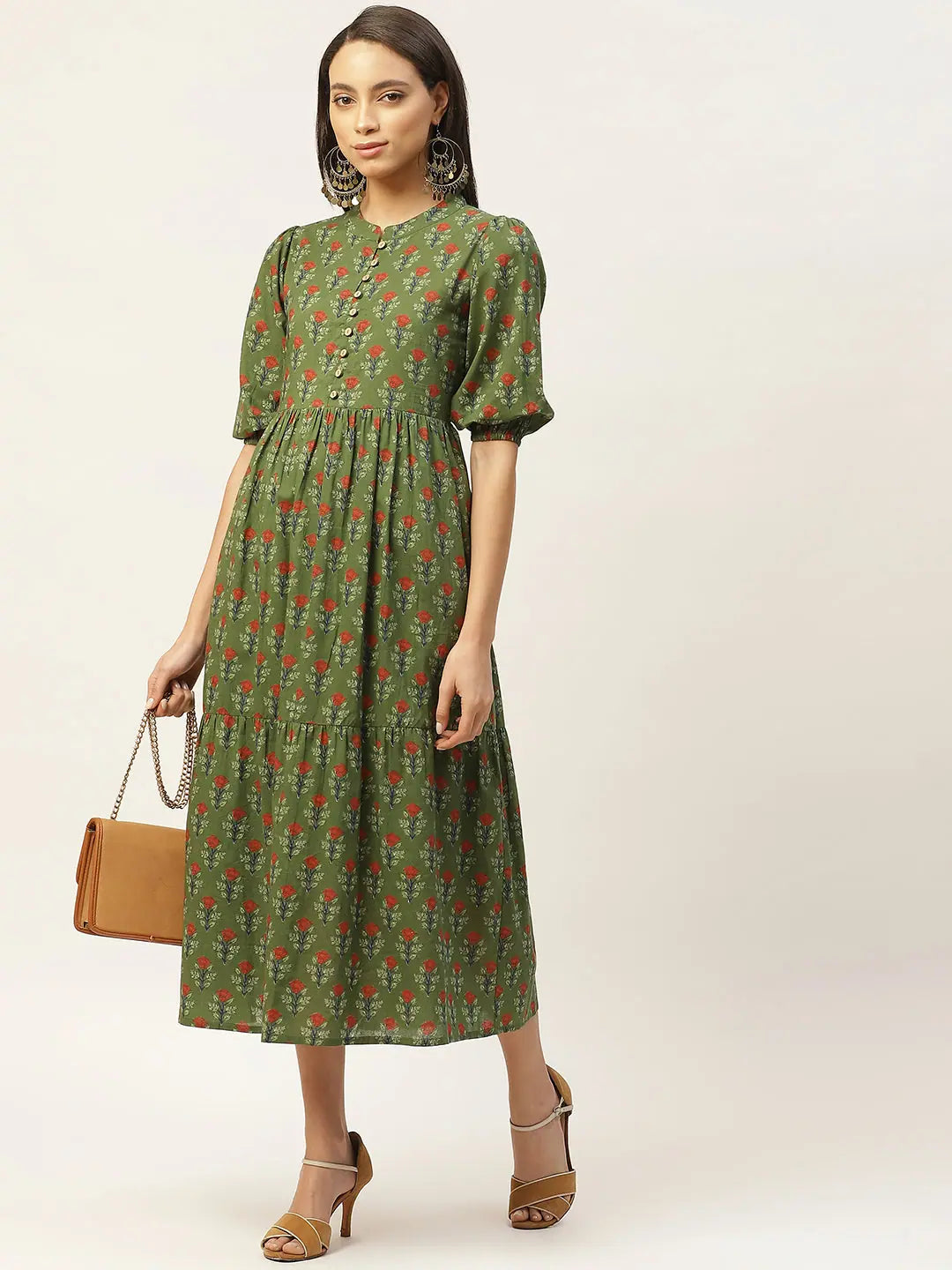 Green Floral Tiered Dress | Indian Dresses Online