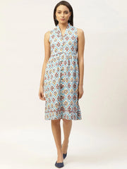 Blue Floral Shawl Collar Front Open Dress
