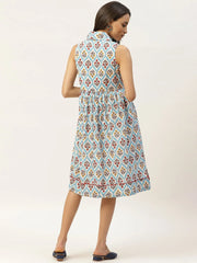 Blue Floral Shawl Collar Front Open Dress