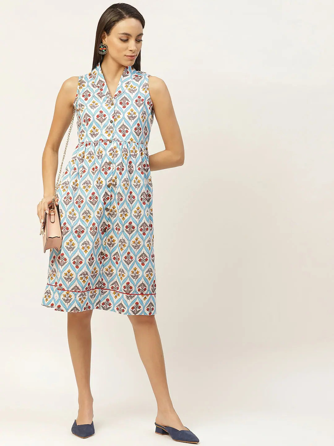 Blue Floral Dress | Indian Cotton Dresses Online - Shawl Collar