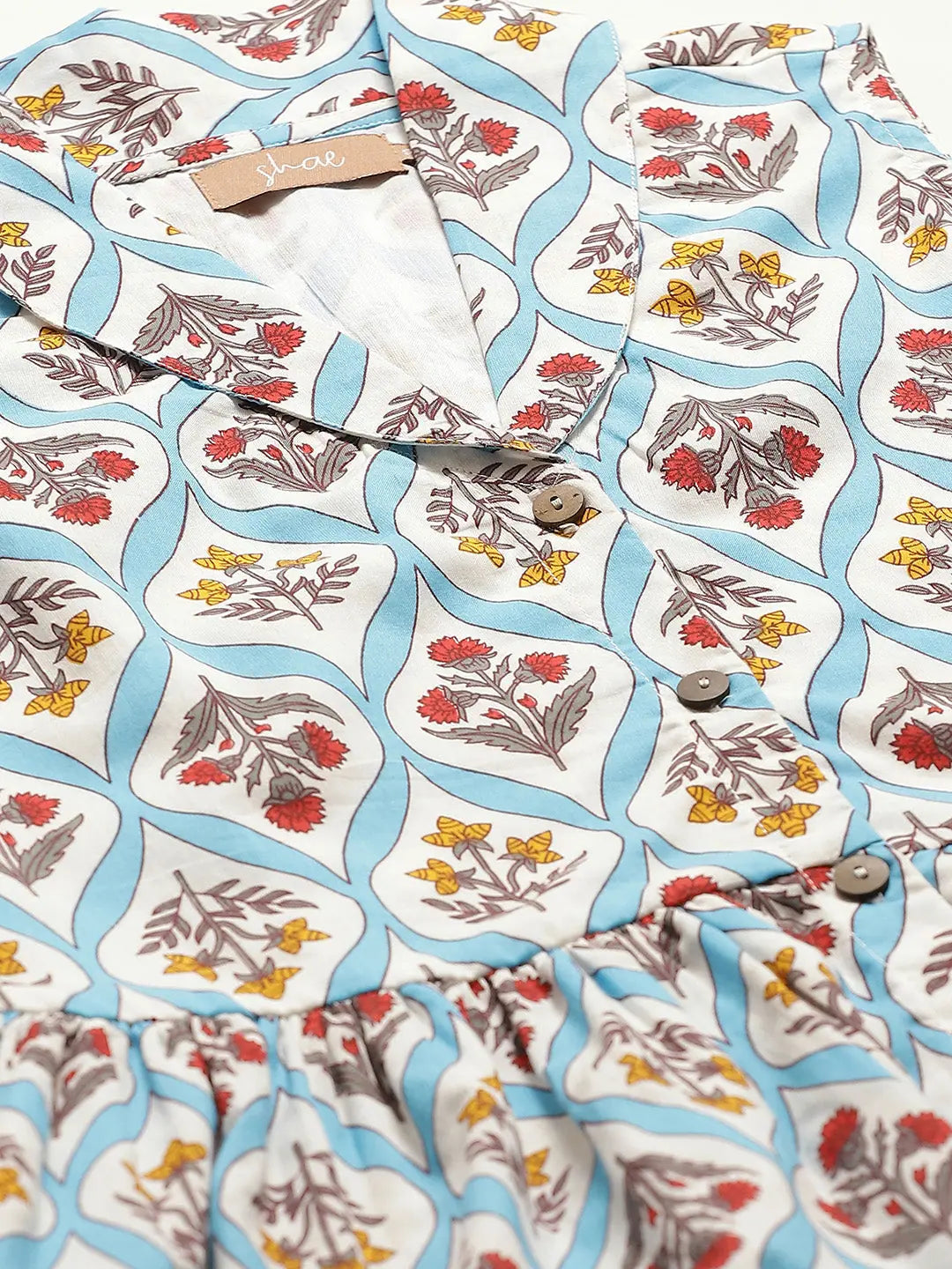 Blue Floral Dress | Indian Cotton Dresses Online - Shawl Collar