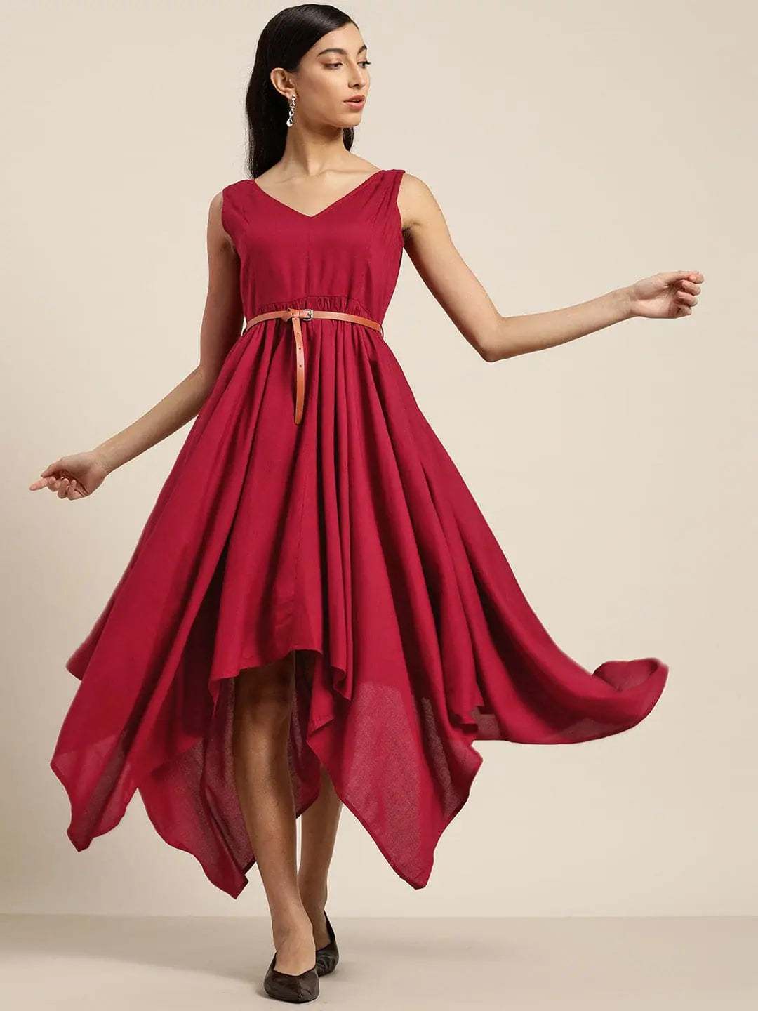 Maroon Belted Dress | Asymmetric Hem | Indian Dresses Online