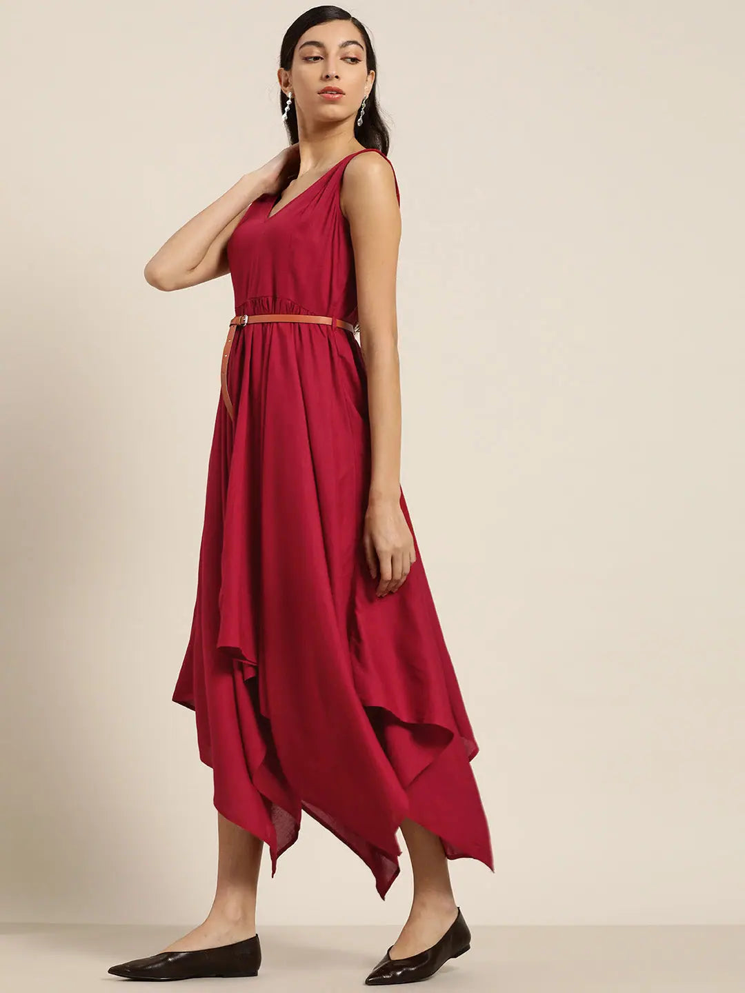 Maroon Belted Dress | Asymmetric Hem | Indian Dresses Online