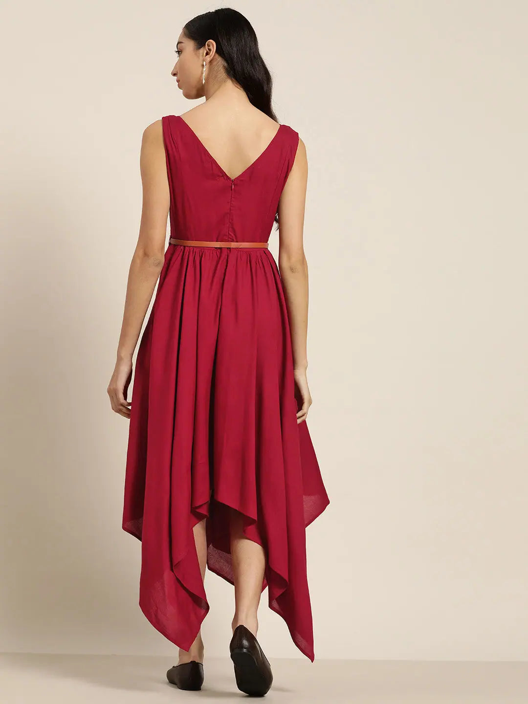 Maroon Belted Dress | Asymmetric Hem | Indian Dresses Online