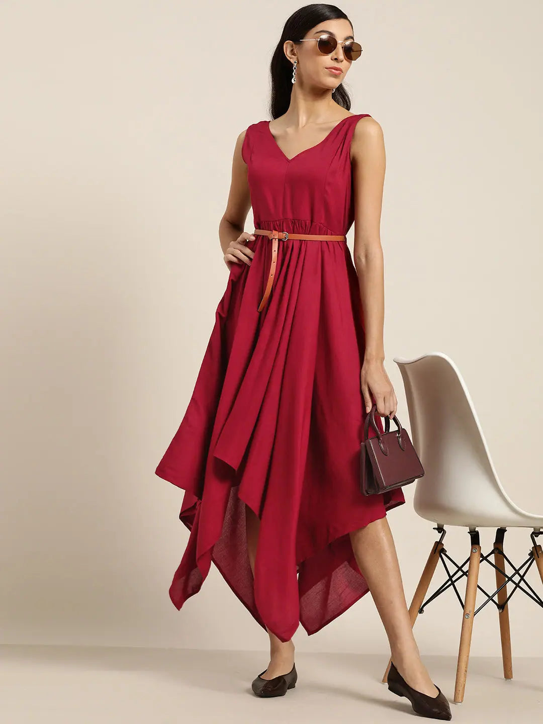 Maroon Belted Dress | Asymmetric Hem | Indian Dresses Online