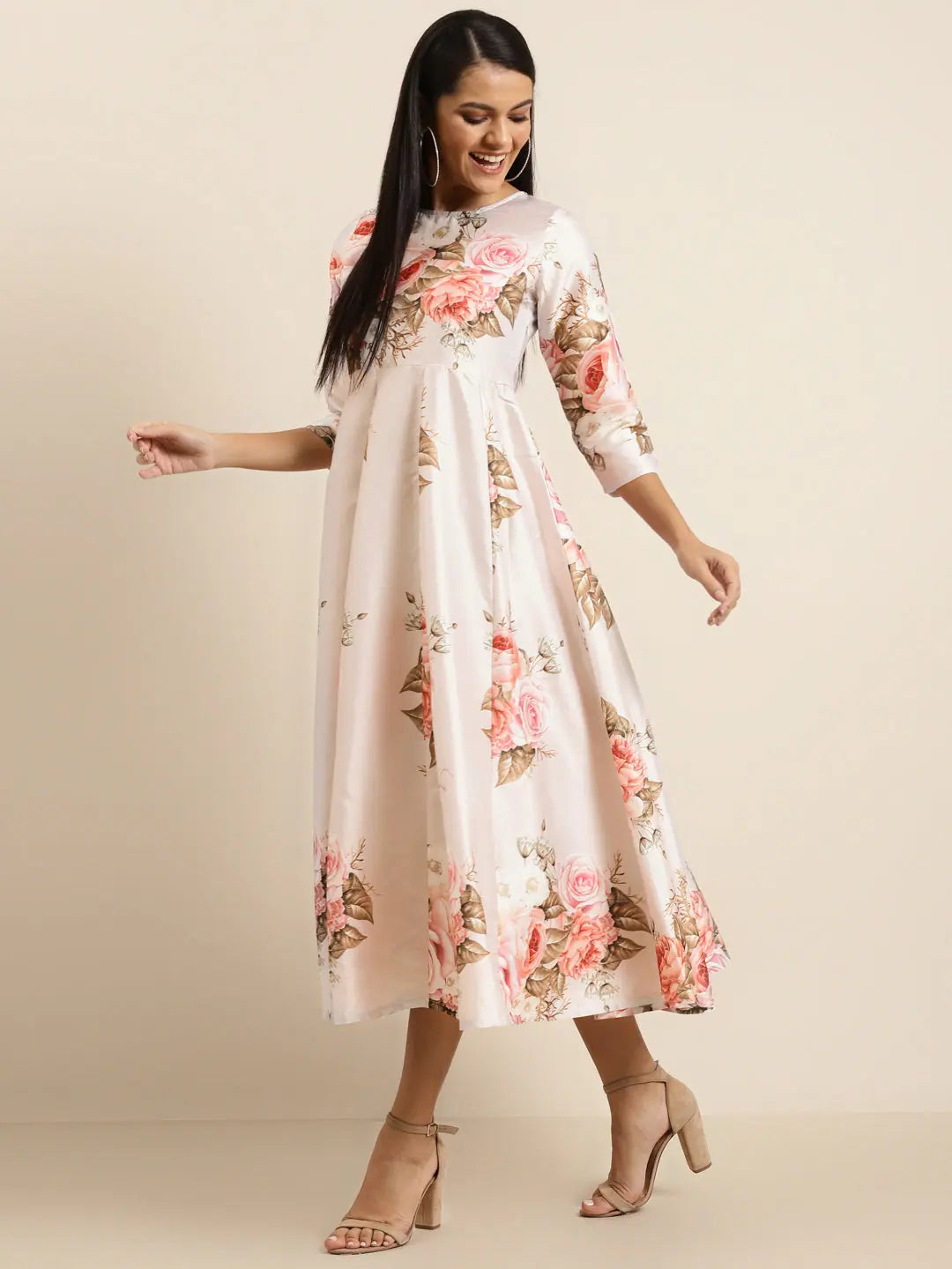 Nude Floral Anarkali Maxi | Polysilk Anarkali Gown for Women
