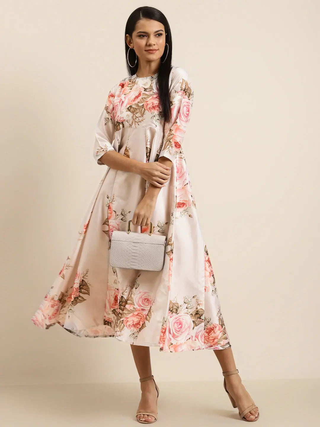 Nude Floral Anarkali Maxi | Polysilk Anarkali Gown for Women