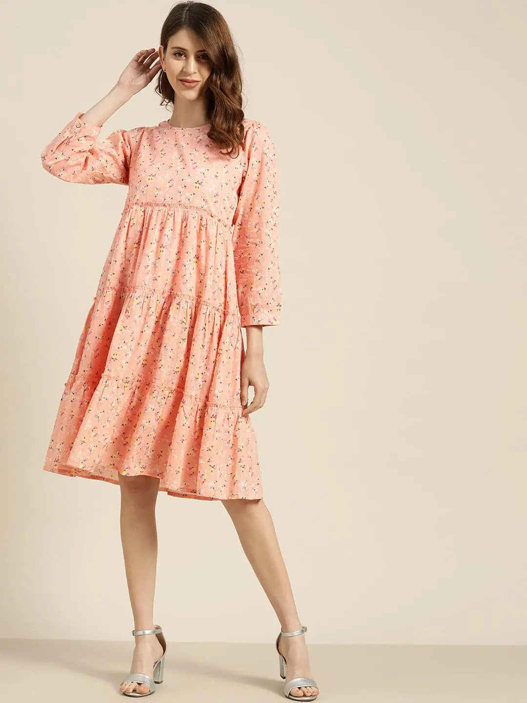 Peach Floral Midi Dress | Indian Cotton Dresses Online