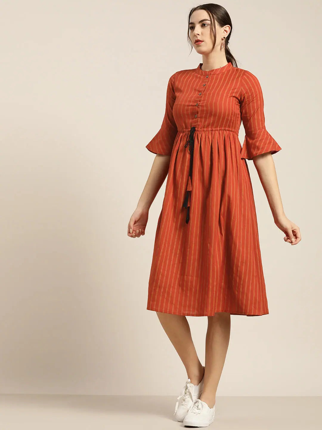 Rust Stripes Drawstring Dress | Indian Cotton Dresses Online