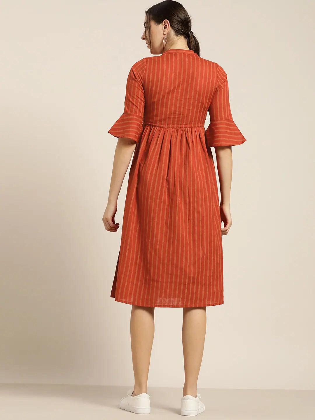 Rust Stripes Drawstring Dress | Indian Cotton Dresses Online