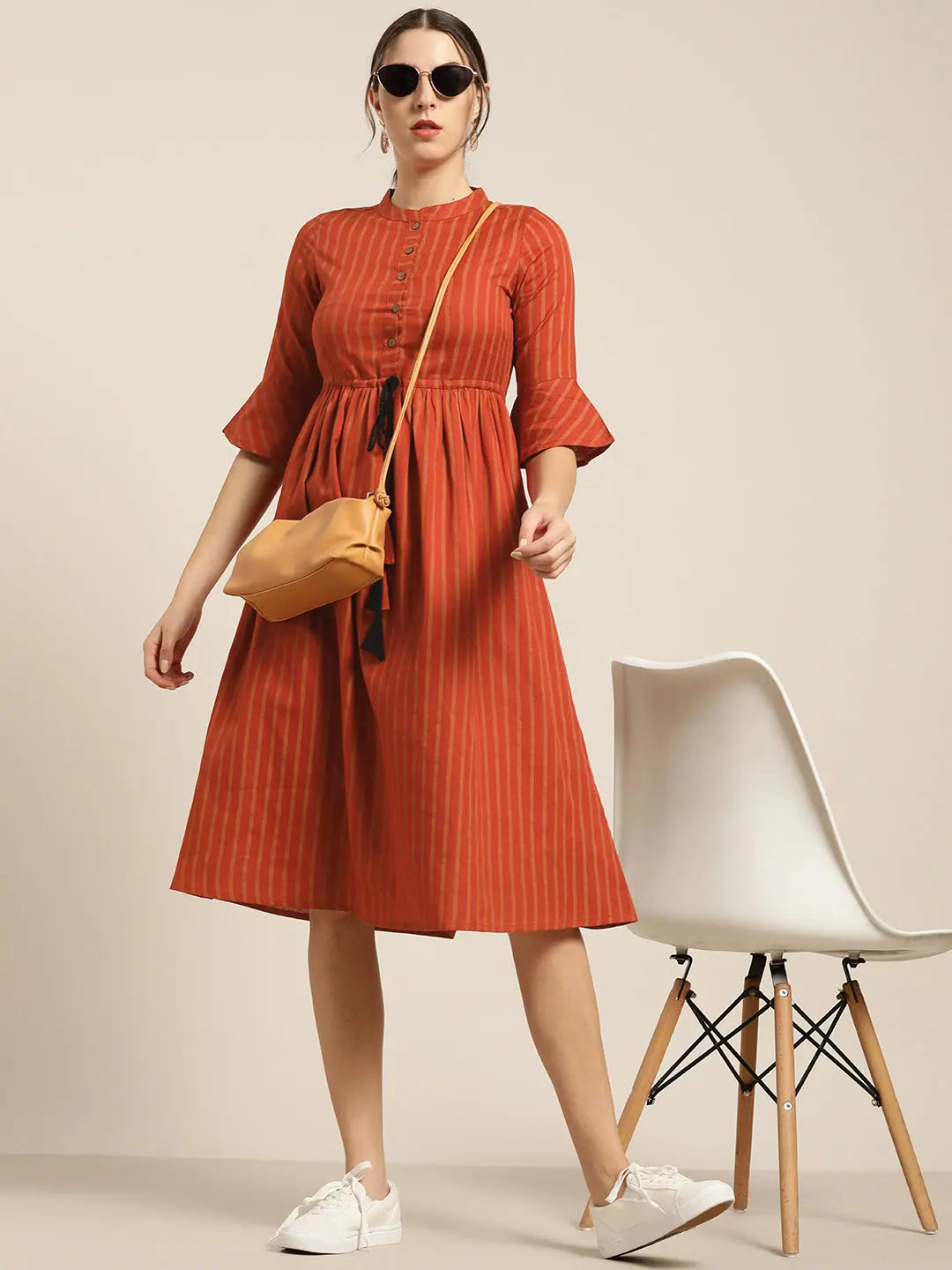 Rust Stripes Drawstring Dress | Indian Cotton Dresses Online