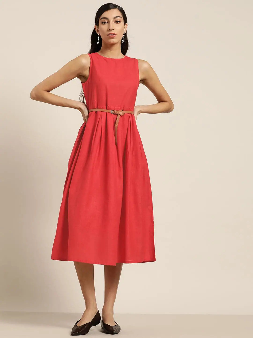 Red Sleeveless Midi Dress | Indian Cotton Dresses Online