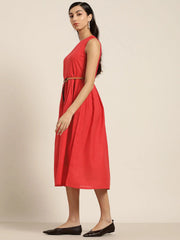 Red Sleeveless Box Pleat Midi Dress