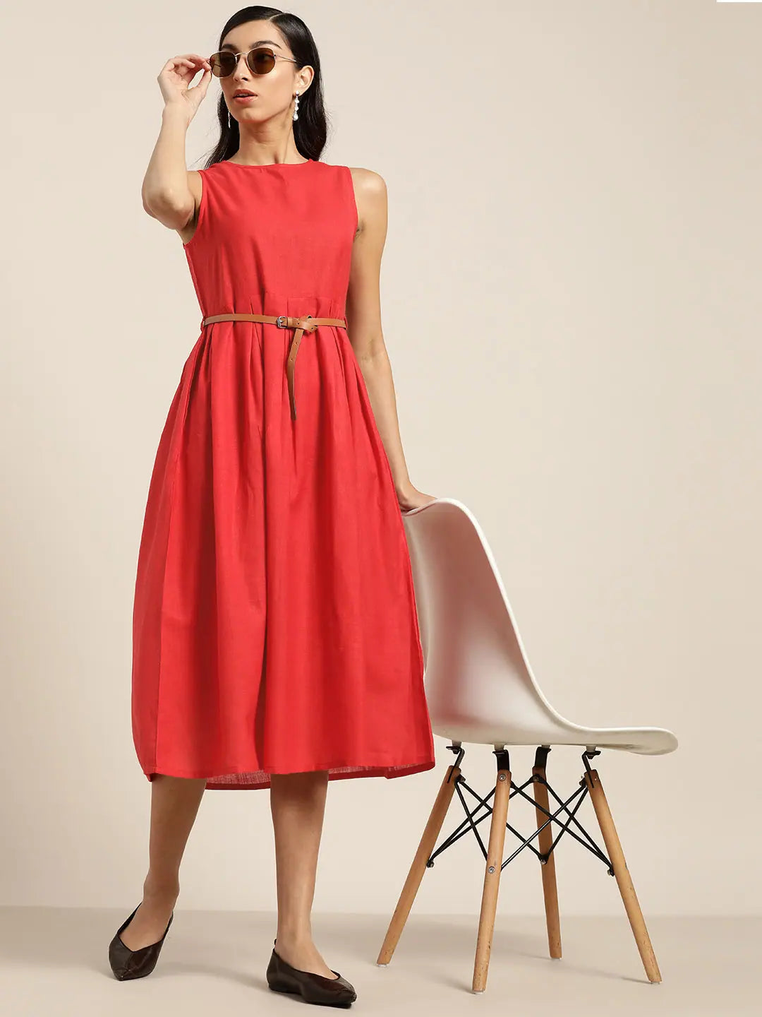 Red Sleeveless Midi Dress | Indian Cotton Dresses Online